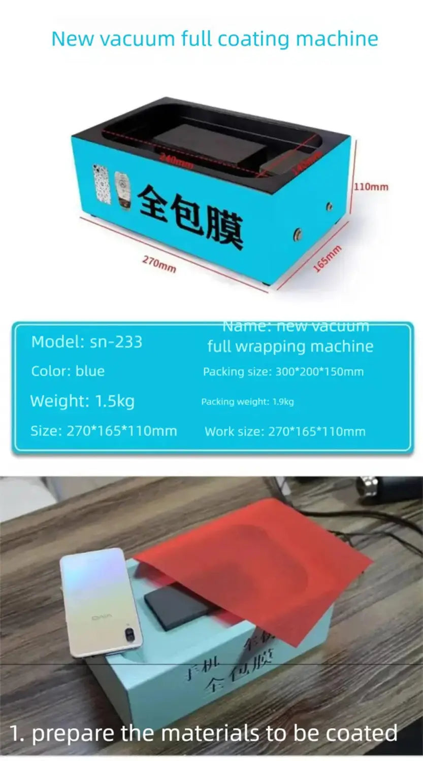Máquina rectangular nueva de recubrimiento completo al vacío color azul, con superficie superior negra y dimensiones detalladas, utilizada como máquina de laminación al vacío de película para teléfonos móviles para optimizar el costo de envío y la protección del producto.