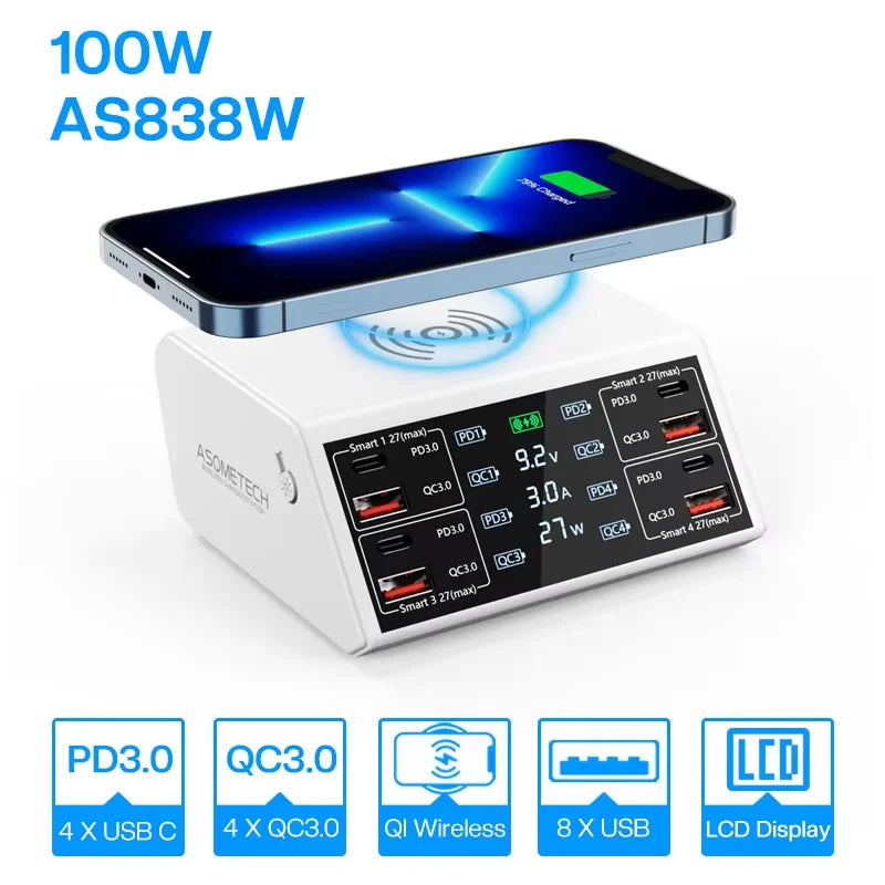 100W QC PD3.0 USB Charger Wireless Chargers Quick Charge 8 Port Charger Fast Charger Charging Station  For IPhone 12 13 Xiaomi