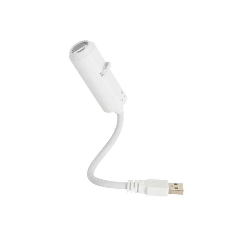 Weiße USB-betriebene Nachtlichtleuchte mit kompakter zylindrischer Kopfeinheit und biegsamem Silikonschwanenhals für mehrere austauschbare Projektionen von Galaxie-Designs