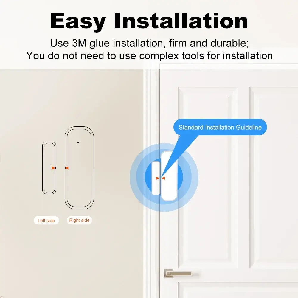 white rectangular zigbee door sensor with minimalist design mounted on a white door using 3m adhesive for easy installation and compatible with zigbee gateway hub