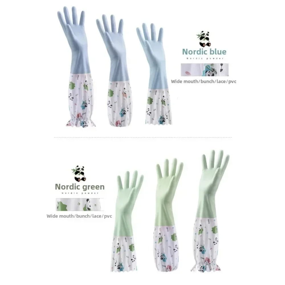 Waterproof cleaning gloves made of light blue and mint green pvc featuring floral-patterned lace panda cuffs.
