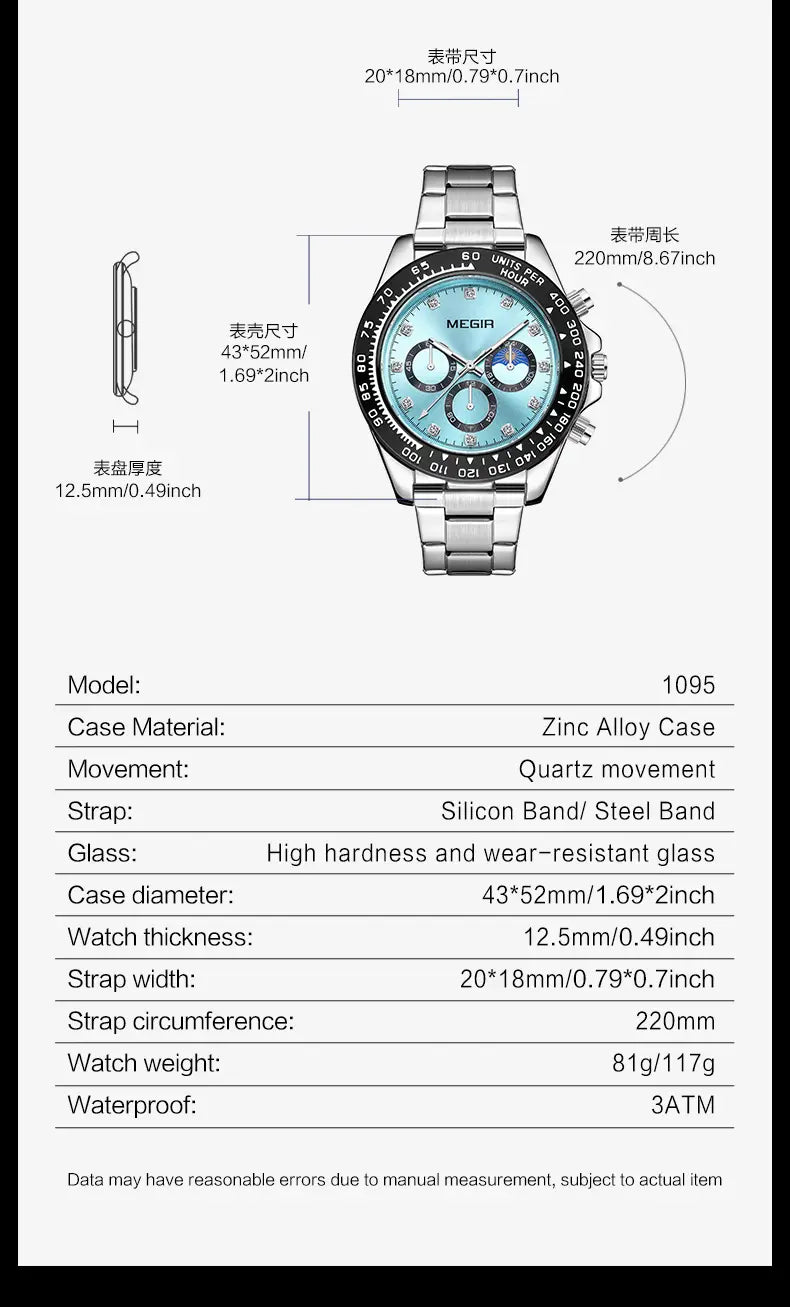 Silver-toned Megir 1095 chronograph luxury sports quartz watch with a light blue dial, three sub-dials, and a stainless steel band designed for men.