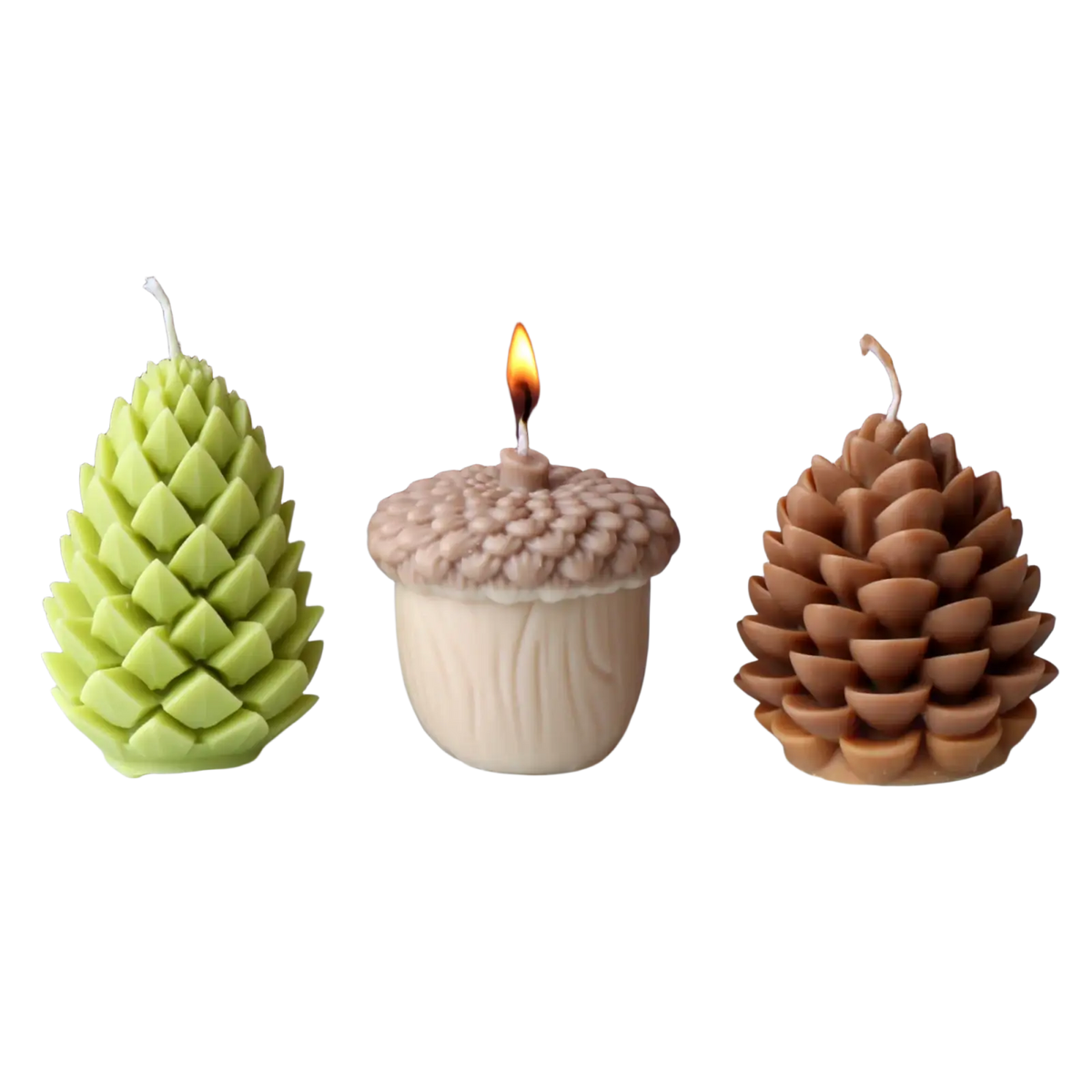 Three green beige and brown pinecone candle silicone candles with detailed scales for handmade decor and gifts