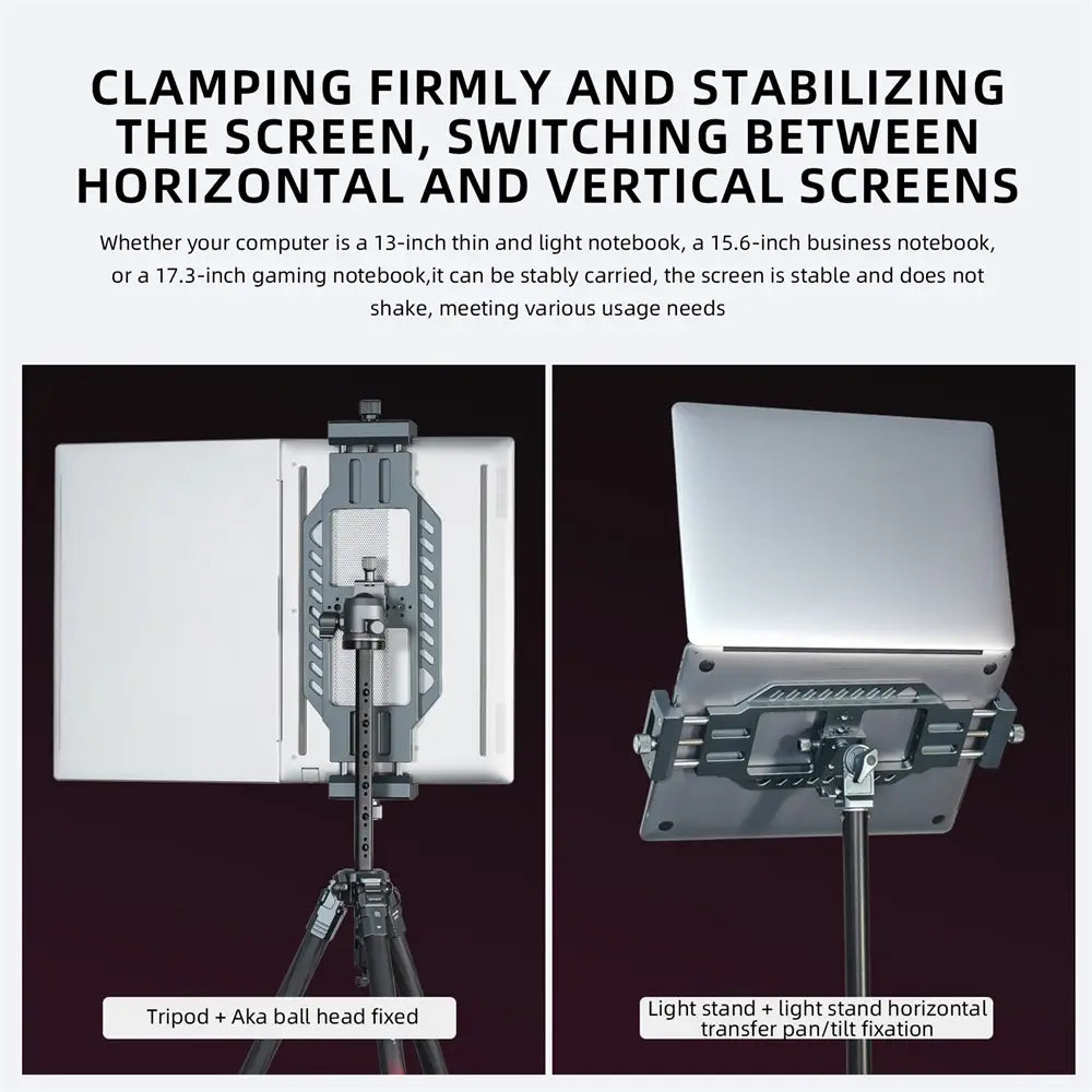 silver metallic aluminum vertical laptop stand clamp with adjustable horizontal and vertical positioning for stable display support on tripods