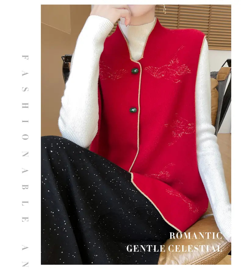 Wool embroidered vest women featuring a red knitted design with floral patterns and green buttons.