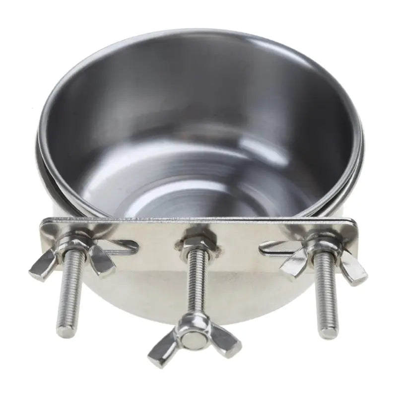 Stainless steel cage food dispenser featuring a pet bowl with a mounting bracket and three wing nuts for secure attachment.