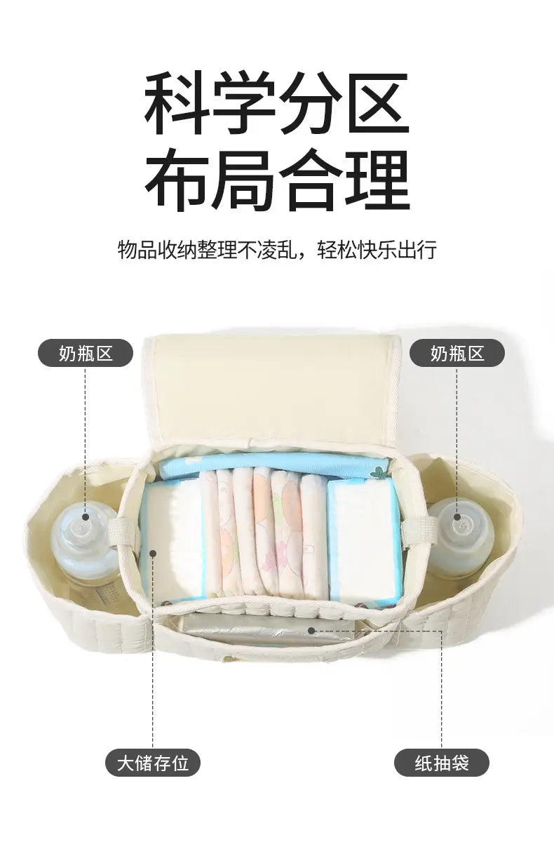 Beiger Organizer-Beutel für den Kinderwagen für Babys mit Bären-Patch, gepolsterten Fächern zur Aufbewahrung von Windeln, Fläschchen und Papiertüten.