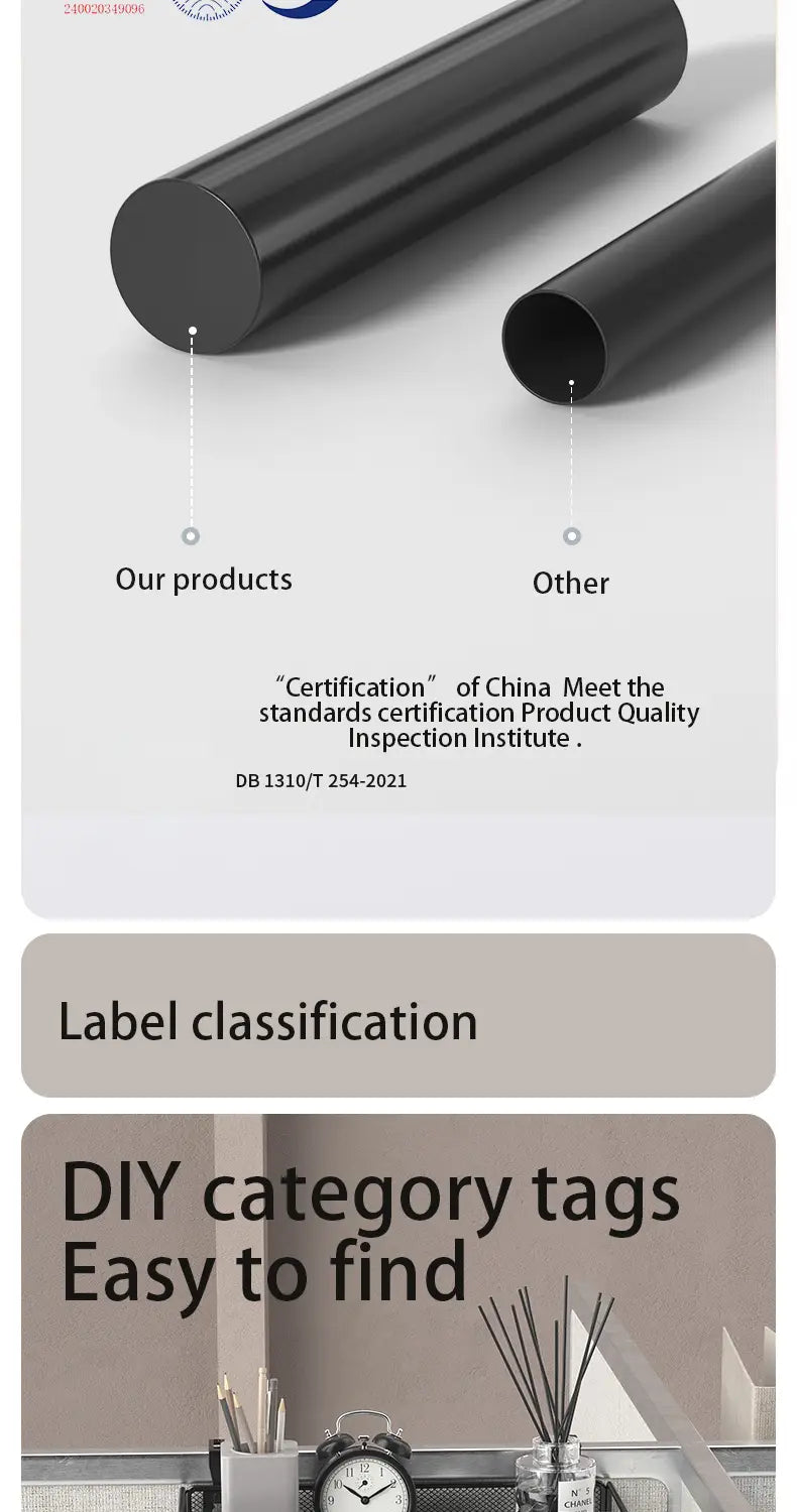 black cylindrical tubes made of plastic or coated metal shown from the back side of a wall mount mesh file organizer 5-tier white