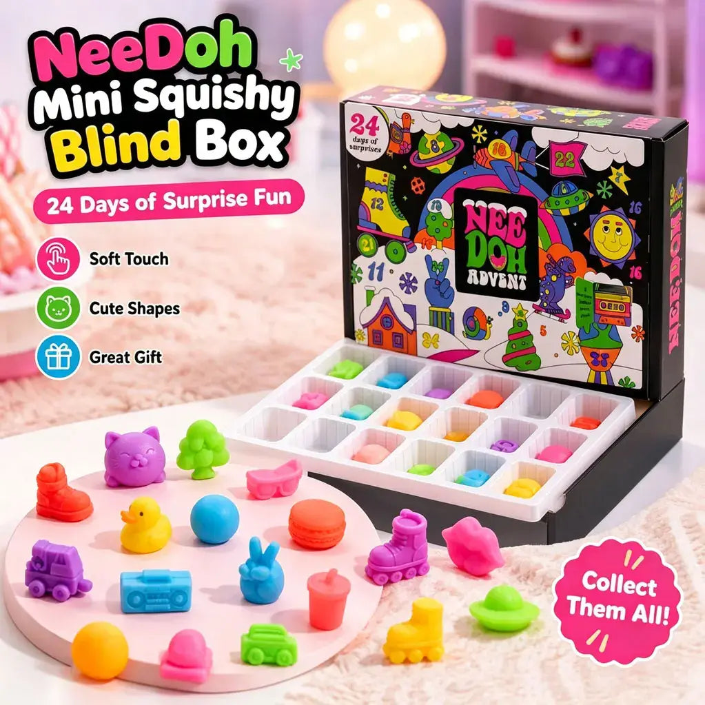 Needoh mini squishy blind box featuring 24 colorful soft-touch squishy toys in cute animal and vehicle shapes for Halloween squishy advent calendar 13 day countdown.
