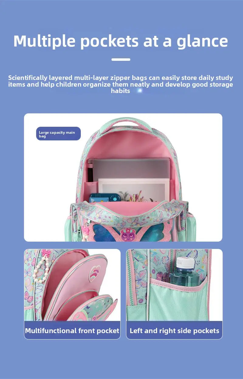 Mädchen-Schmetterlings-Rucksack-Set für die Schule mit einem rosa und mintgrünen Schmetterlings-Design, floralen Mustern und mehreren Reißverschlussfächern.