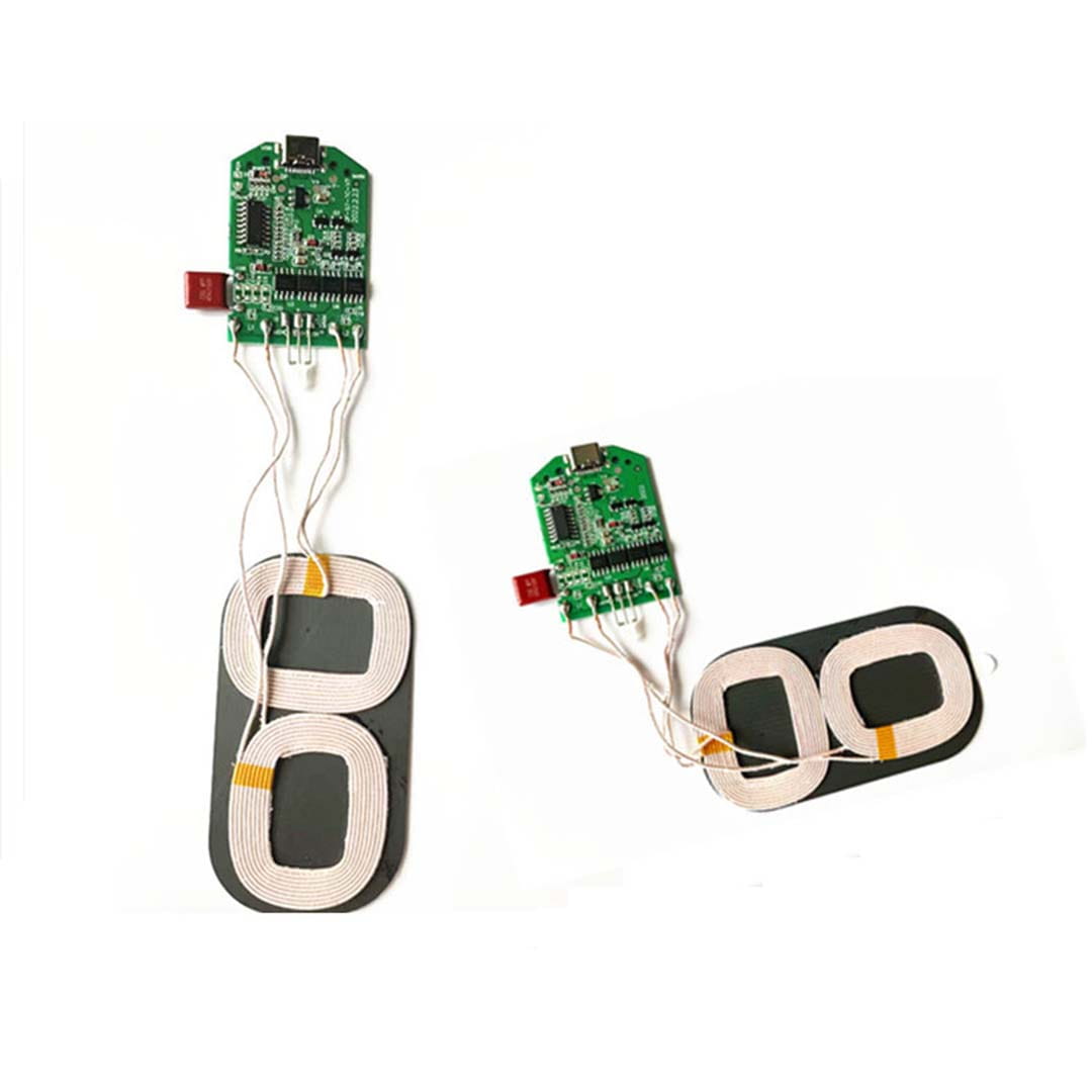 The picture shows wireless pcba 15w fast charging transmitter modules featuring green circuit boards with white coiled coils on a black backing.