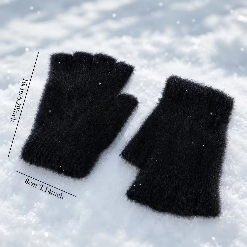 Black fleece-lined fingerless gloves for women with fuzzy texture and subtle glitter accents shown from the back side.