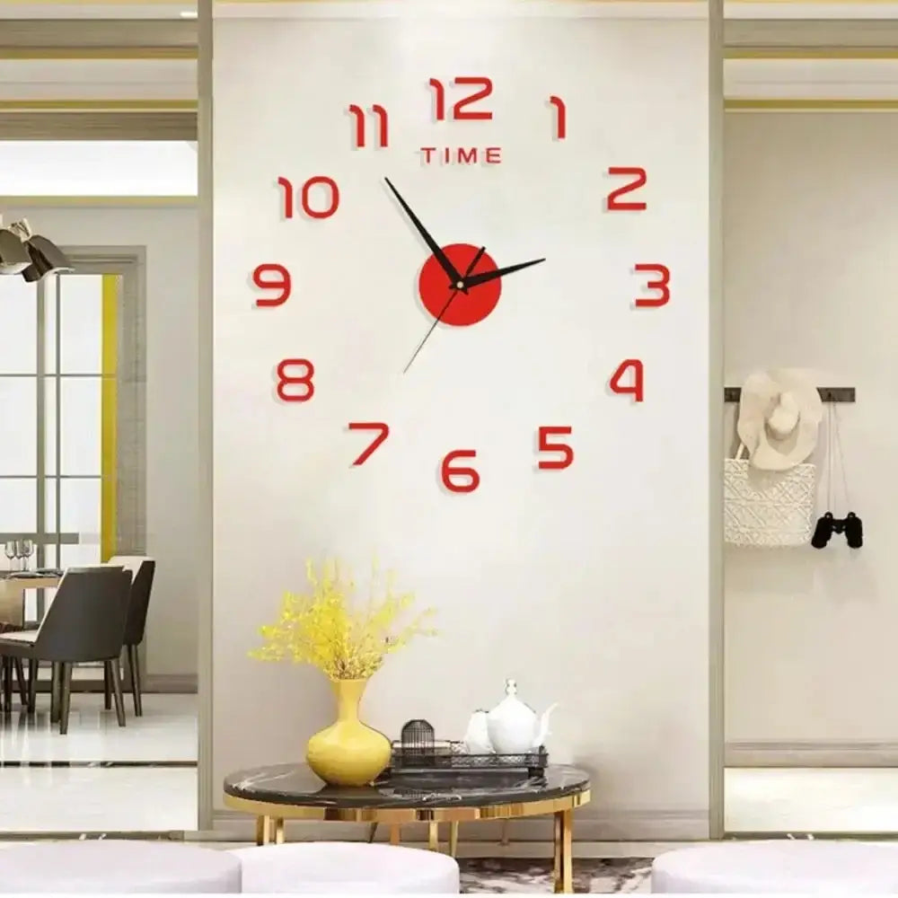 A large 3d diy acrylic wall clock with bold red numerals and a matching circular center featuring sleek black hands on a minimalist white background.