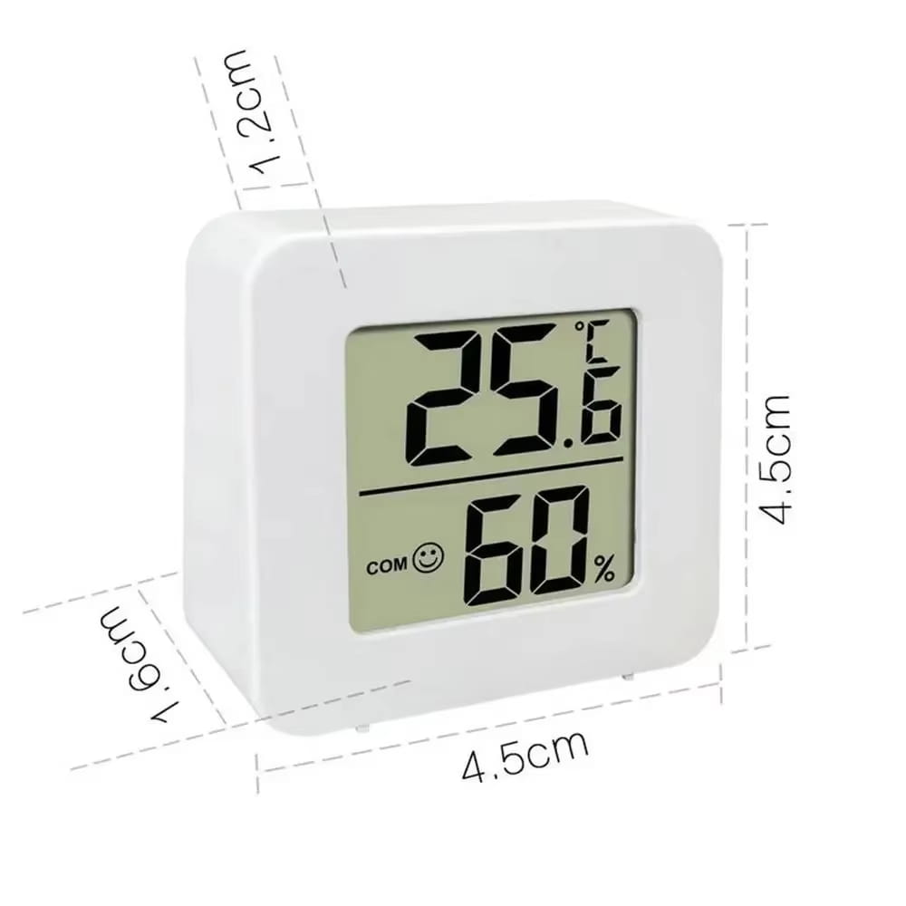 White square digital weather desktop alarm clock with a minimalist design displaying temperature in celsius and humidity percentage on its screen.