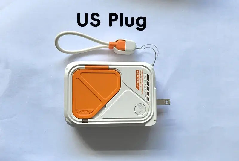 white and orange portable magnetic power bank 20000mah fast wireless charger with compact rectangular design and lanyard showcasing key power bank battery features