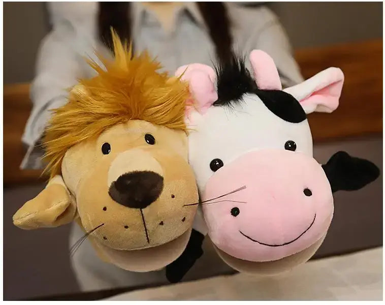 Soft plush lion and cow hand finger puppets with embroidered facial features and fluffy manes part of educational baby toys lion elephant bunny collection.
