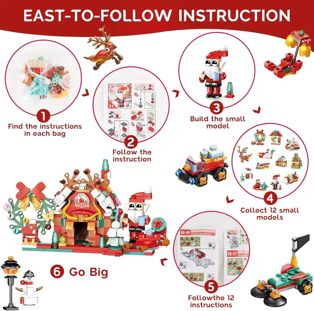 Red and white christmas surprise advent calendar 2025 building block set featuring festive house with santa and reindeer