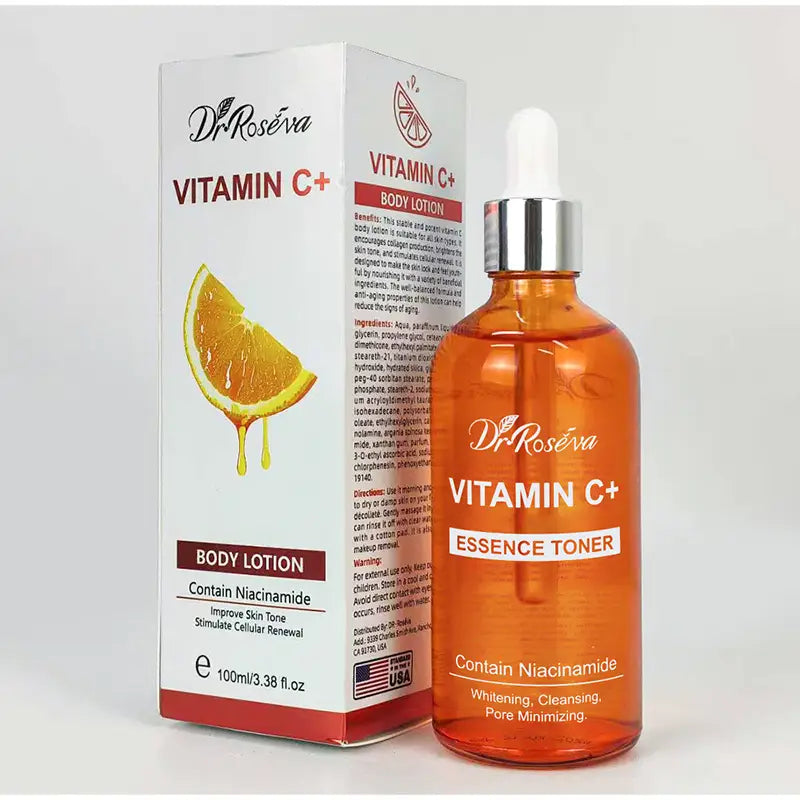 Dr vitamin c brightening skincare set featuring vitamin c serum and moisturizer in white and orange packaging for skin brightening and hydration.