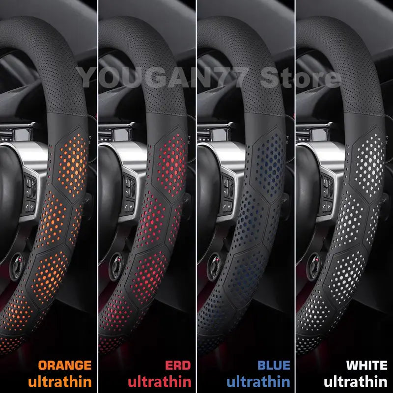 Funda para volante de cuero negra para el Leapmotor T03 con diseño ultrafino, patrón hexagonal perforado y luces LED de brillo en colores naranja, rojo, azul o blanco.