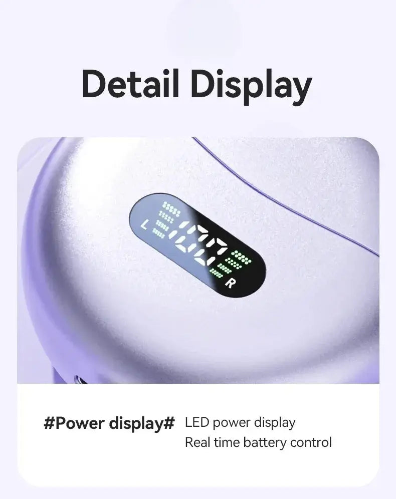 空気伝導技術により音質を向上させることを示す、黒い楕円形のLEDパワーディスプレイと緑色に光るインジケーターを備えた、洗練されたホワイトのイヤークリップ型ヘッドホン本体です。