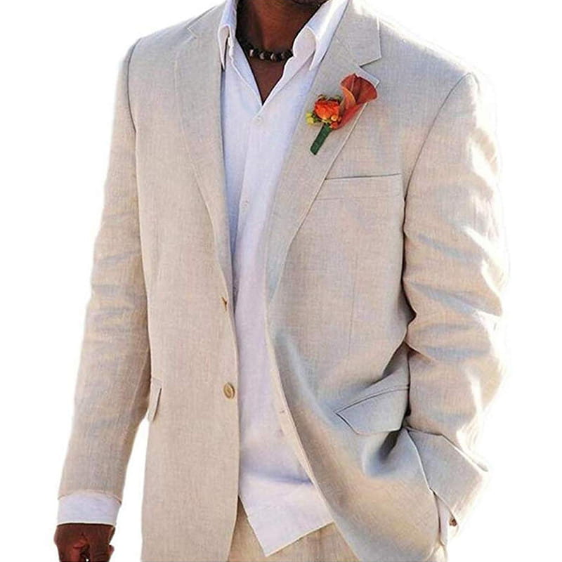 beige linen men suit blazer with a single gold button and a floral boutonniere designed for beach wedding tuxedo attire