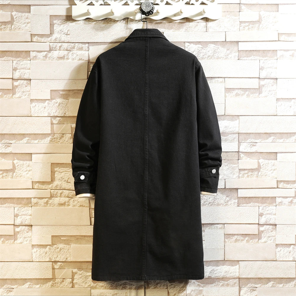 High Street Men's Trench Coat M-5XL Long Style Washed Retro Blue Black Denim Jacket Vintage Outerwear for Spring Autumn