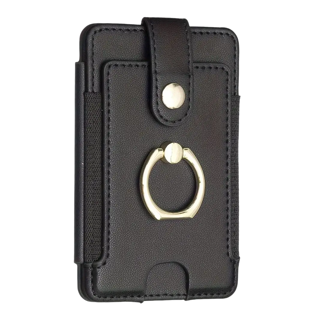 Black leather card holder with gold universal ring small and snap closure for smartphones front view