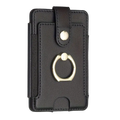 Black leather card holder with gold universal ring small and snap closure for smartphones front view