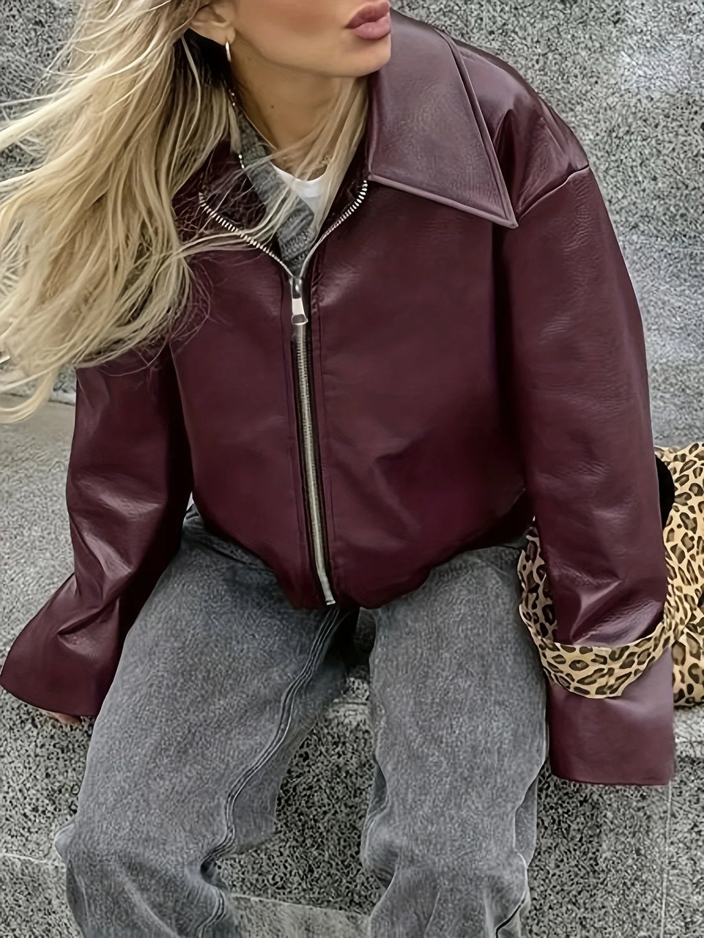 Women's PU leather jacket solid colour loose new vintage lapel design artificial leather jacket women's top 2025 hot style y2k