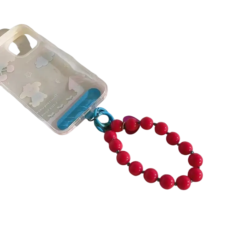 Beaded phone wrist strap with vibrant red beads and a turquoise plastic clasp shown front view