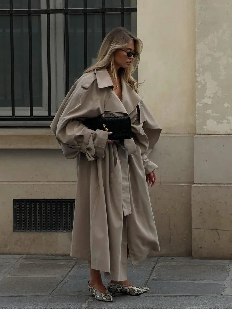 Women Casual Lace Up Long Trench Coat Chic Solid Color Full Sleeve Lapel Windbreaker 2025 New Fashion Loose Commute Jackets