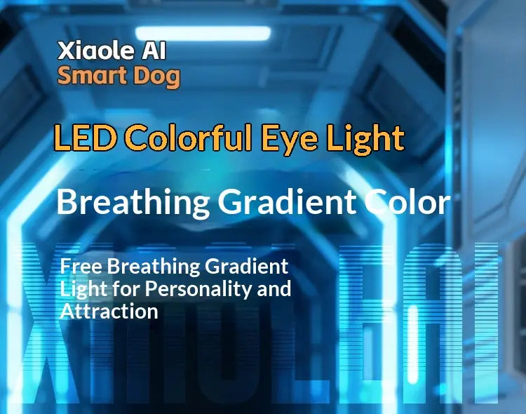 Xiaole ai smart robot dog interactive electronic pet with led colorful eye light featuring breathing gradient color illumination.