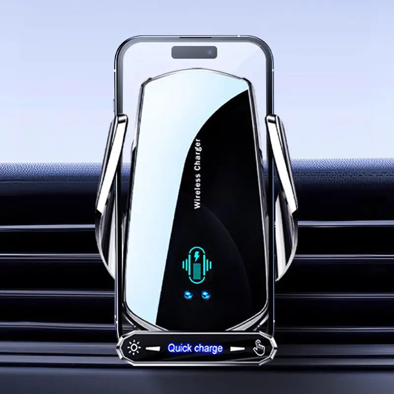 A sleek chrome-finished auto clamping wireless car charger phone mount in black and silver securely holding an iPhone for quick charging.