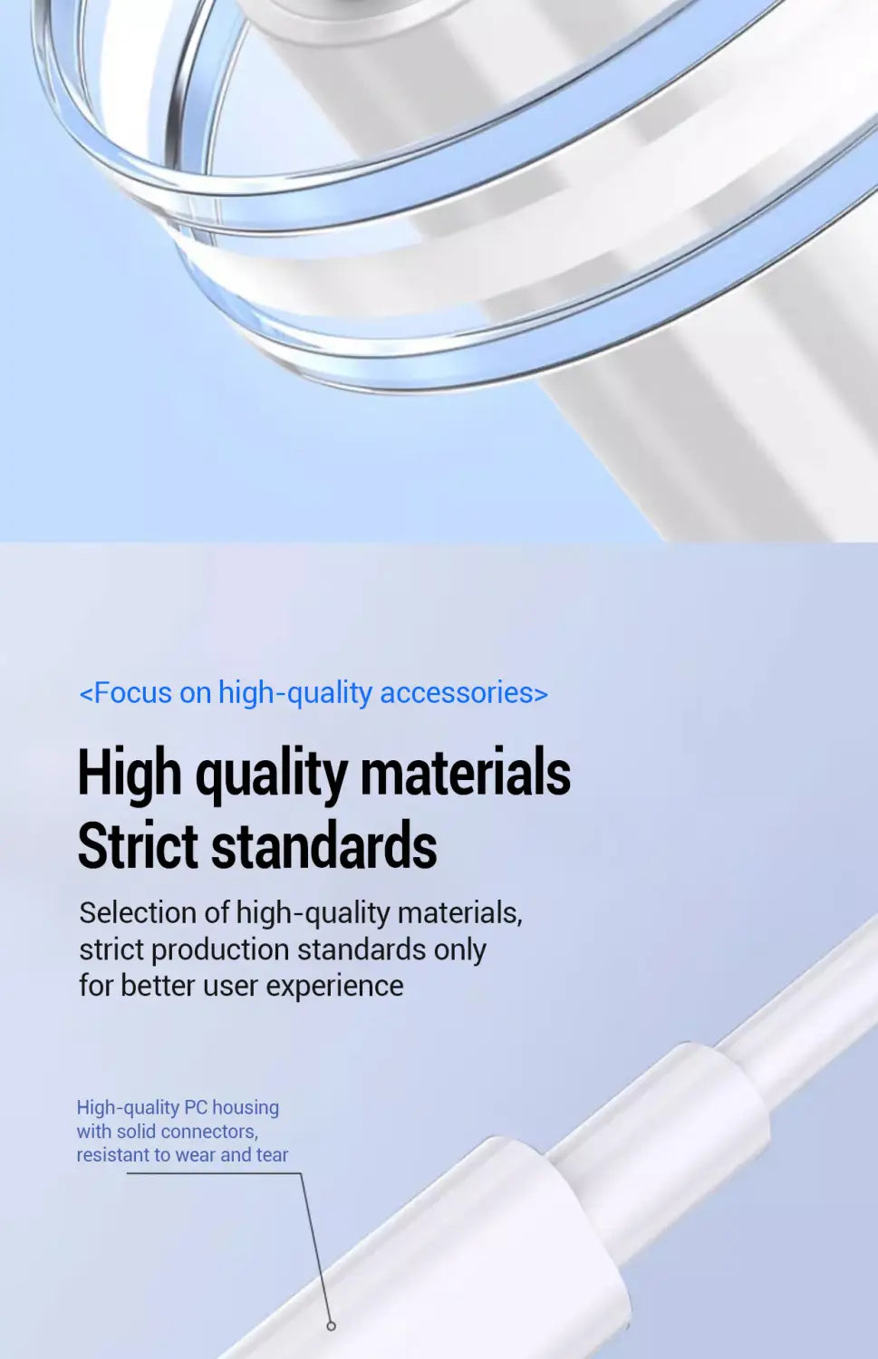 A clear cylindrical water bottle with a white screw-on cap and transparent body designed for fast charging with usb c to lightning cable.
