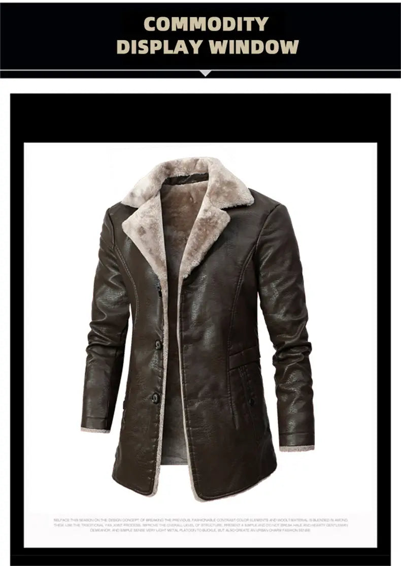 gabardina de cuero con forro de vellón para hombre en marrón oscuro con cuello esponjoso de piel tipo borreguillo beige claro para uso como chaqueta de invierno