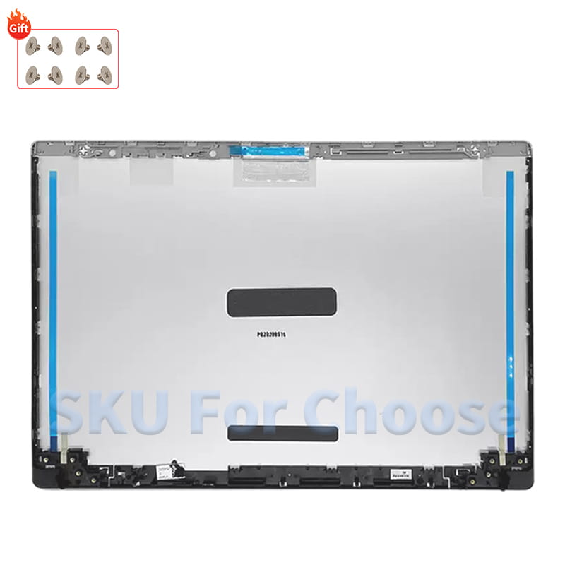 Panneau arrière en argent pour boîtier de remplacement d’ordinateur portable Acer Aspire 5 A515, avec garniture en plastique noir et bandes adhésives bleues le long des bords.