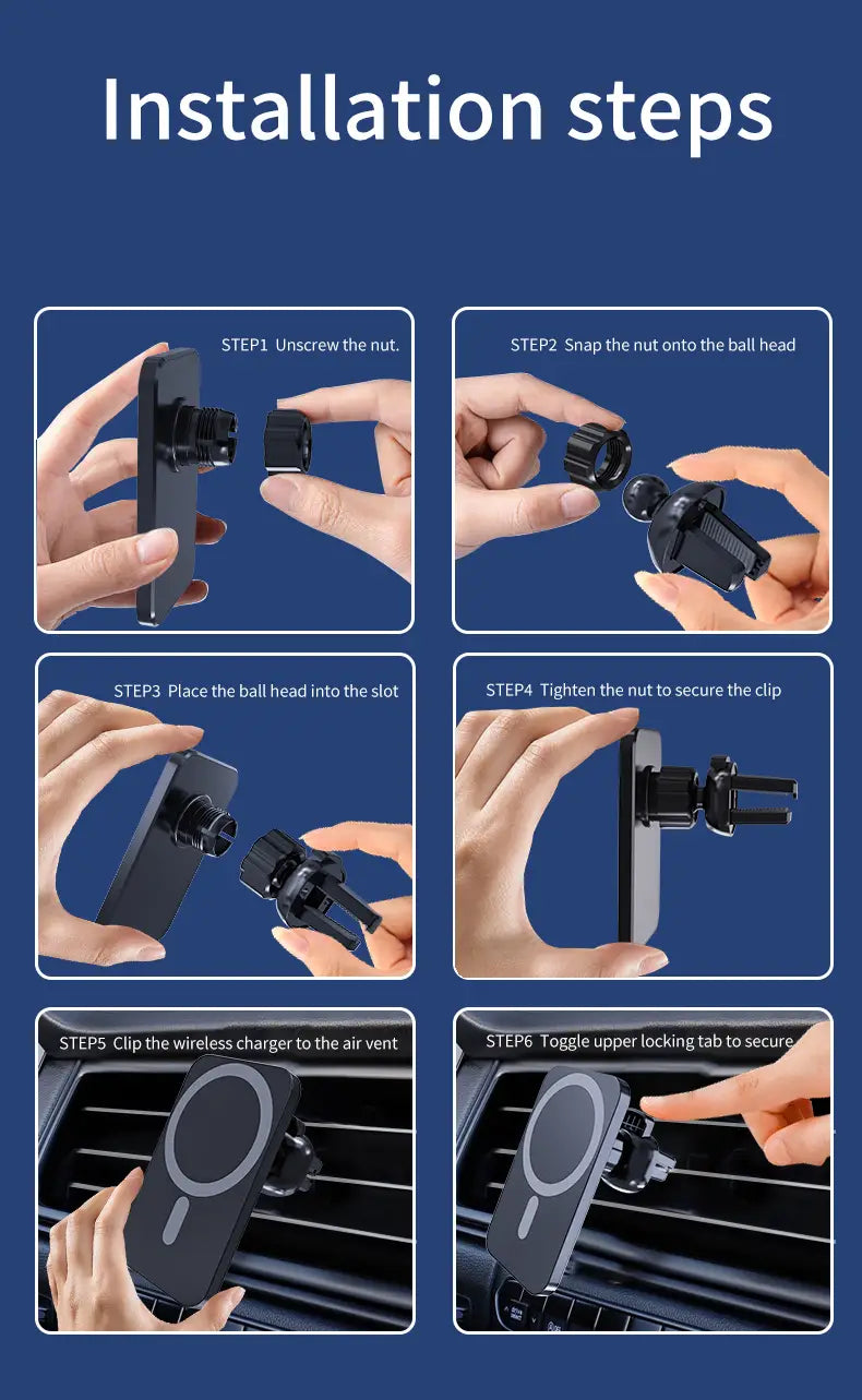 Black magnetic car mount with adjustable ball head and locking tab for wireless charger by Vikefon shown from the back side