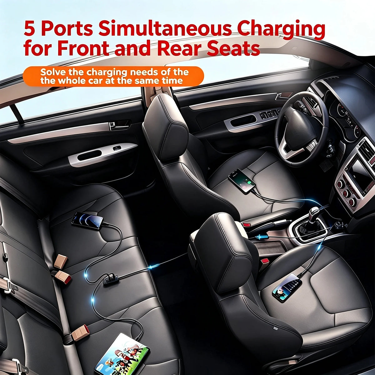 Front and Rear Chargers, Car Charger, Car Charger with Voltage Display; Super Fast Charging 5-Port Car Adapter; 120W Total Output, 3 USB C Outputs & 2 Type-C Outputs; Supports Super Fast Charging; Ambient Lighting Effect; 1.5