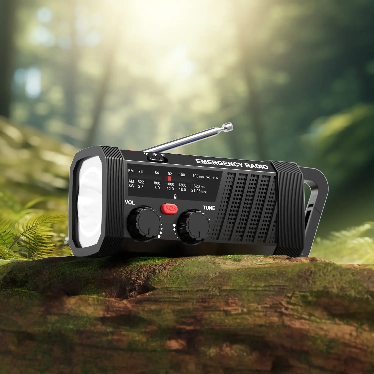Radio de emergencia negra con linterna y antena integradas, con carga mediante energía solar y manivela manual, para bandas AM/FM/SW.