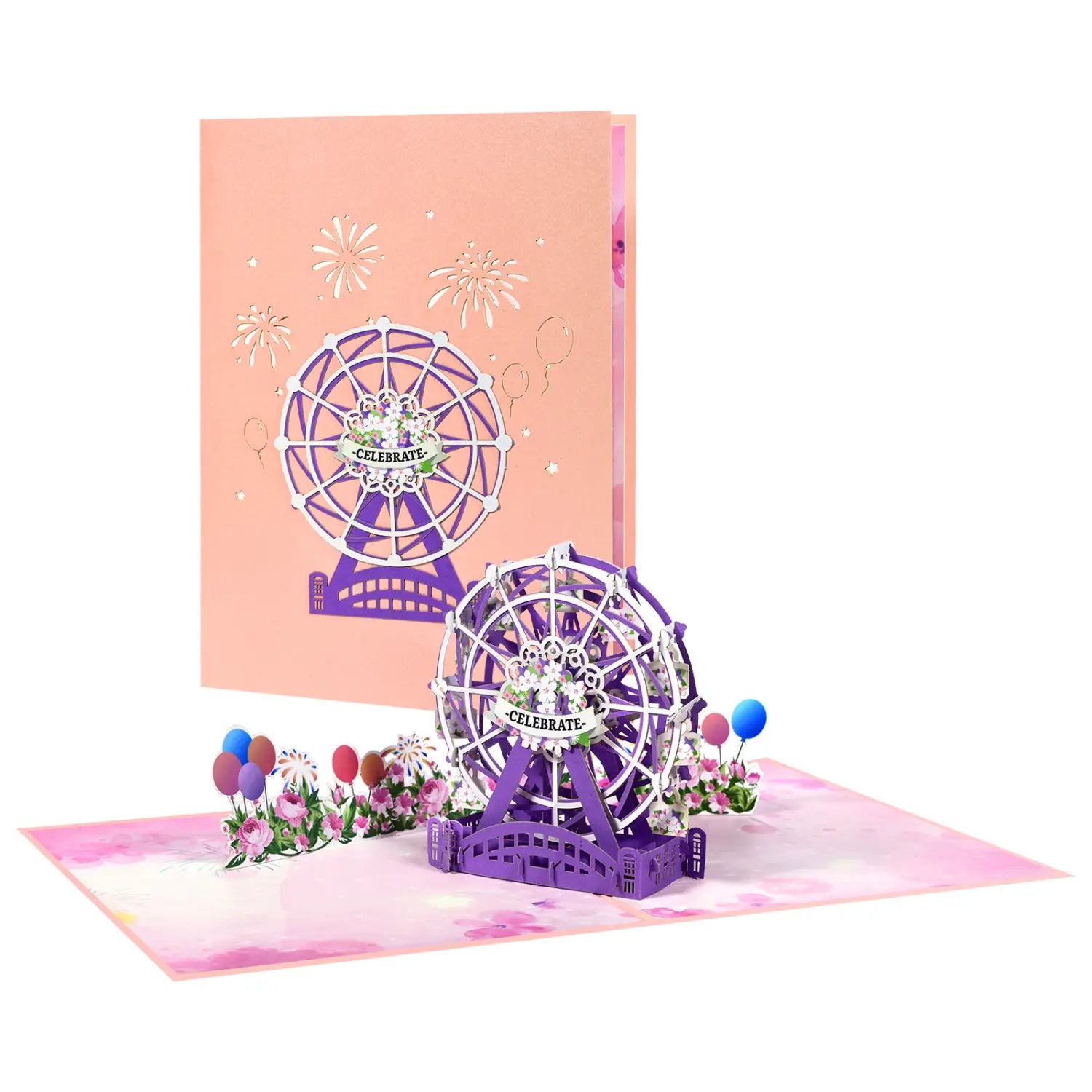 Carte de la Saint-Valentin 3D à effet pop-up en papier violet, présentant une grande roue détaillée avec une bannière « celebrate », entourée de ballons et de fleurs sur une base rose type aquarelle, idéale pour des salutations romantiques en couple.