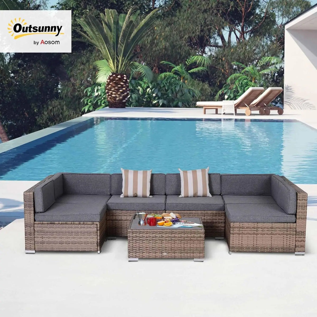 7 Piece Patio Furniture Set Wicker Outdoor Sectional Gray, Custom