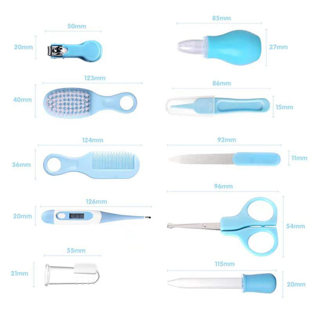 Hellblaues Kunststoff-Baby-Gesundheits- und Pflege-Set mit verschiedenen Werkzeugen, darunter Nagelschneider, Bürste, Kamm, Thermometer und Schere für die Säuglingspflege.