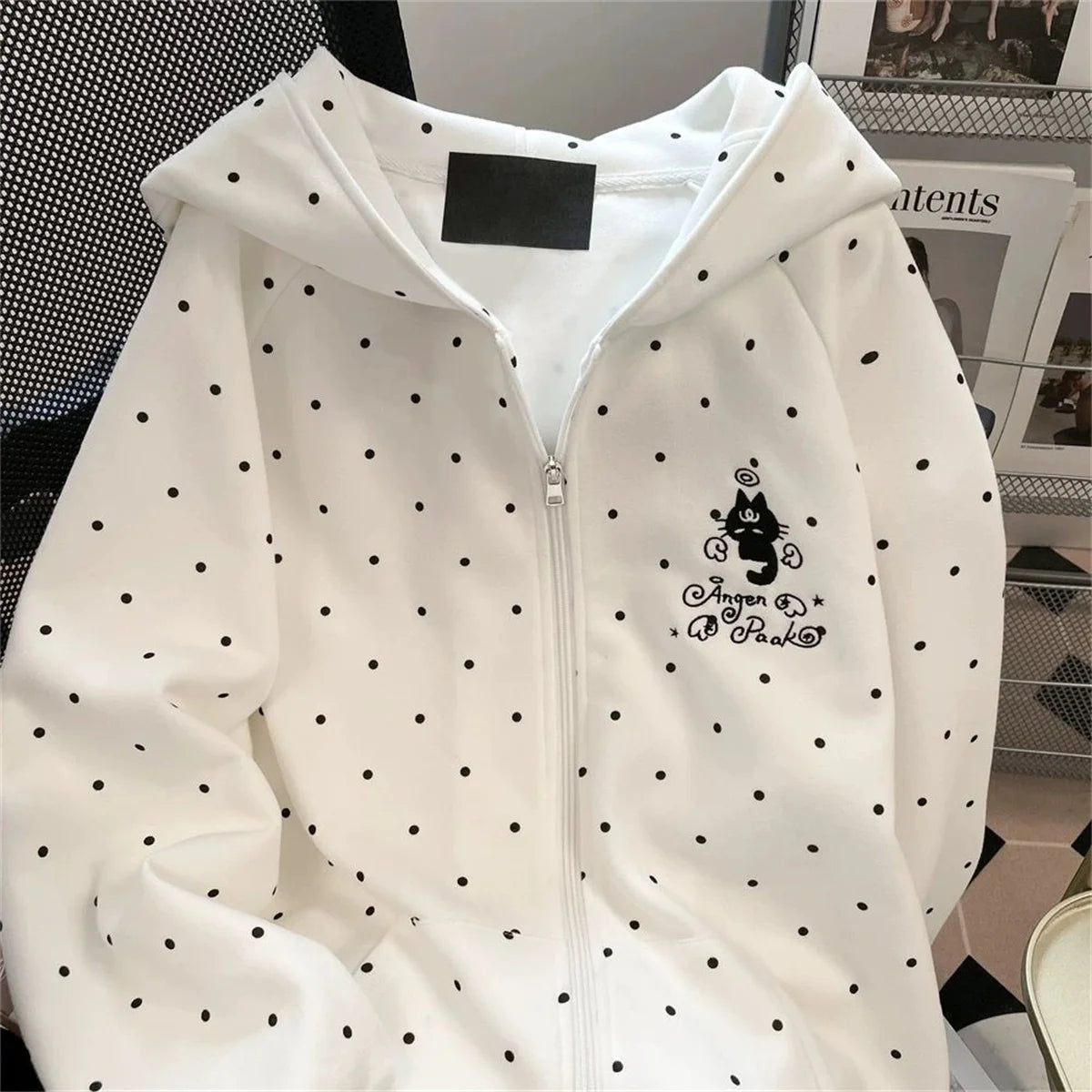 Women Dot Cartoon White Hoodies Spring Cute Long Sleeve Retro Sweatshirt Fall Japan Preppy Style Kawaii Female All Match Tops