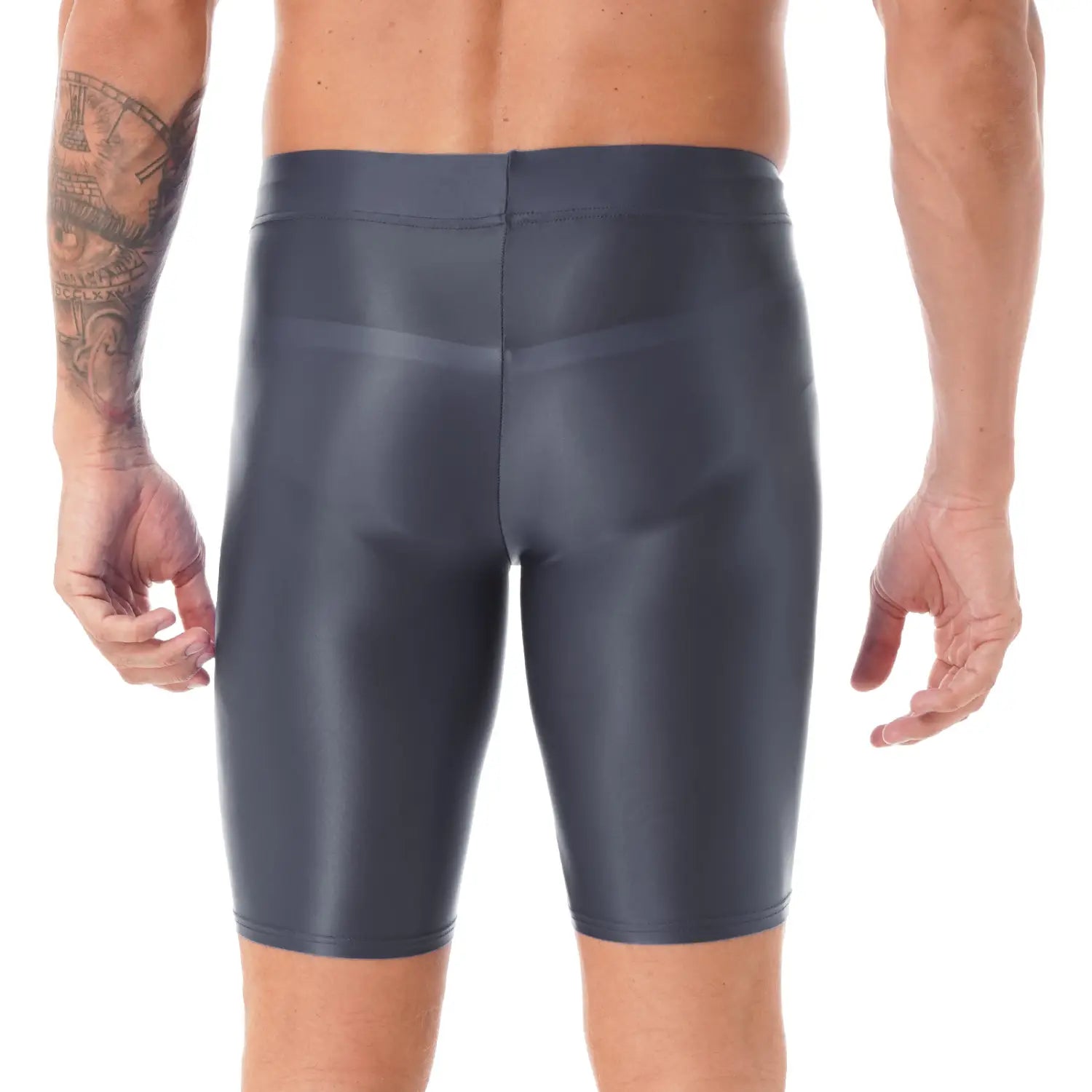 Shorts de baño de tejido con acabado brillante gris oscuro, con diseño de cintura alta, que complementan la camiseta de compresión para hombre de manga larga y acabado brillante para uso atlético