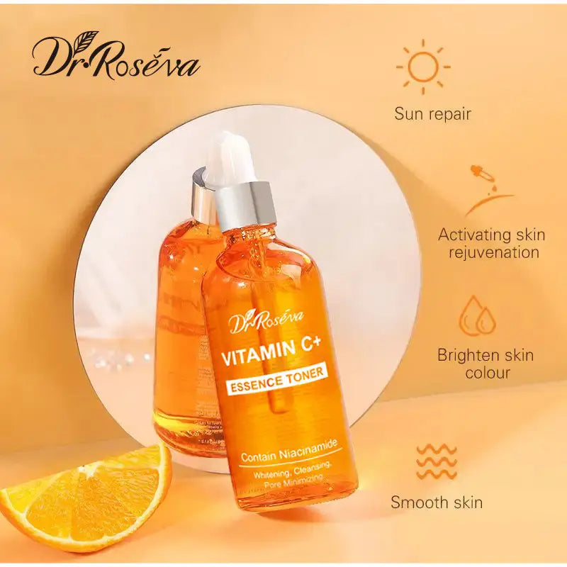 Dr vitamin c brightening skincare set showing front view of orange and white packaging designed for skin brightening and antioxidant care.