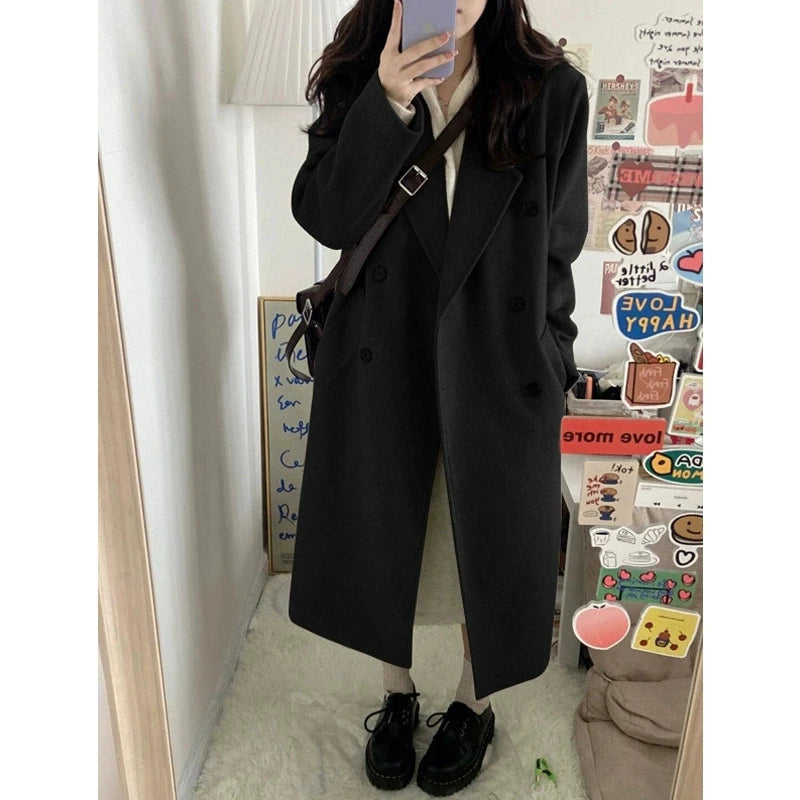 Women Elegant Midi Wool Blends Coat Korean Thicken Long Bandage Jackets Oversized Lace Up Outwear White Cardigan Woolen Overcoat