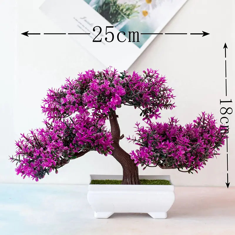 une plante artificielle de type bonsaï très vibrante pourpre, petit pot d’arbre, avec des branches et un feuillage détaillés, dans un élégant pot en céramique blanc.