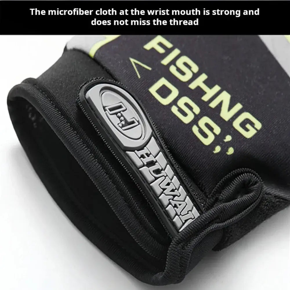 Black microfiber ice silk three finger fishing glove with neon green fishing dss text and a silver metallic logo patch shown from the back side.