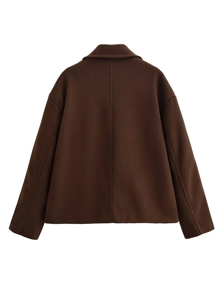 HH Women Winter Fashion Versatile Lapel Double Breasted Wool Short Coat Female Pocket Decoration Solid Long Sleeve Casual Jacket