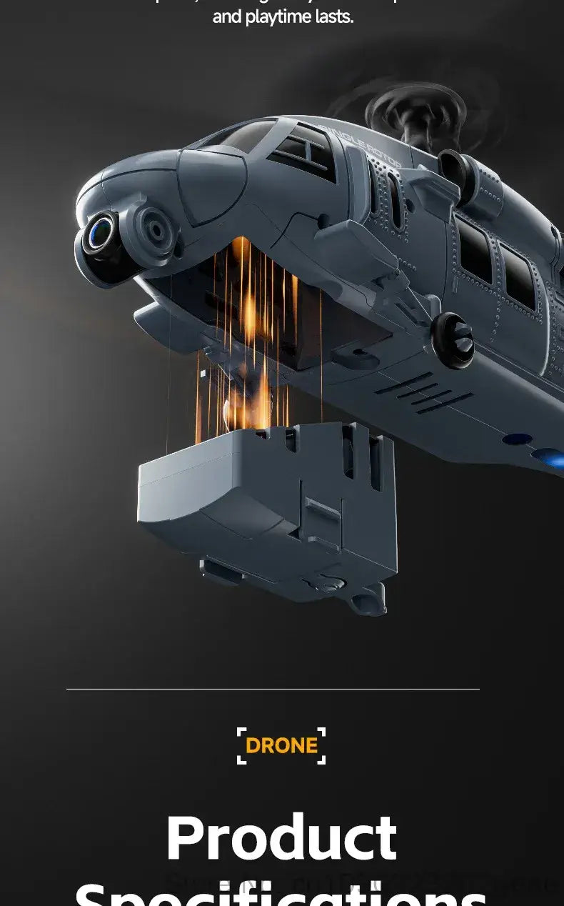 Gray remote control helicopter-shaped drone with sleek futuristic design and visible 8k camera lenses